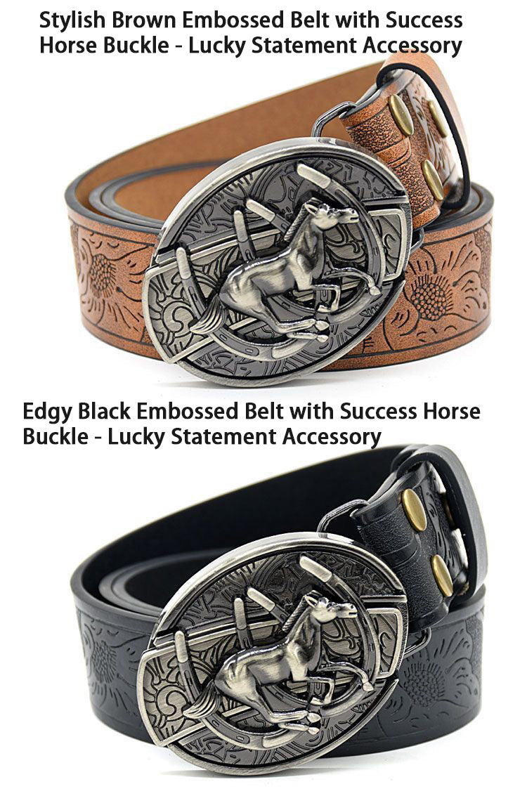 Trendy Men's Success Symbol Horse Buckle Belt - Embossed Pattern, Smooth Buckle, Unique Engraved Design