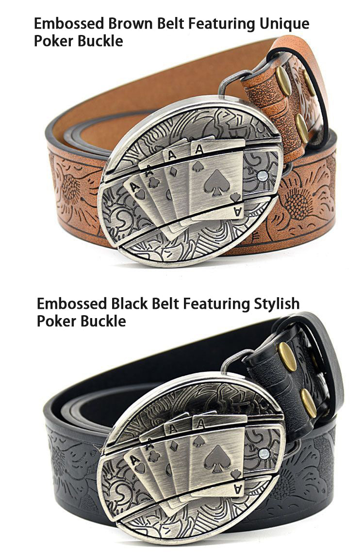 Trendy Men's Poker Buckle Belt - Embossed Pattern, Smooth Buckle, Unique Engraved Design
