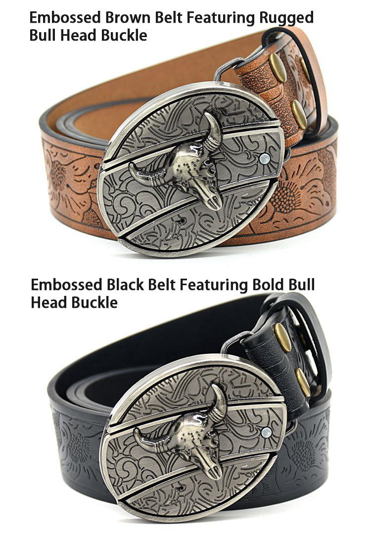 Trendy Men's Embossed Belt with Bull Head Buckle - Smooth Release Buckle & Unique Engraved Details