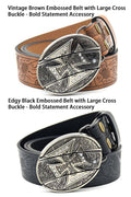 Edgy Men's Large Cross Buckle Belt - Embossed Pattern, Smooth Buckle, Unique Engraved Design