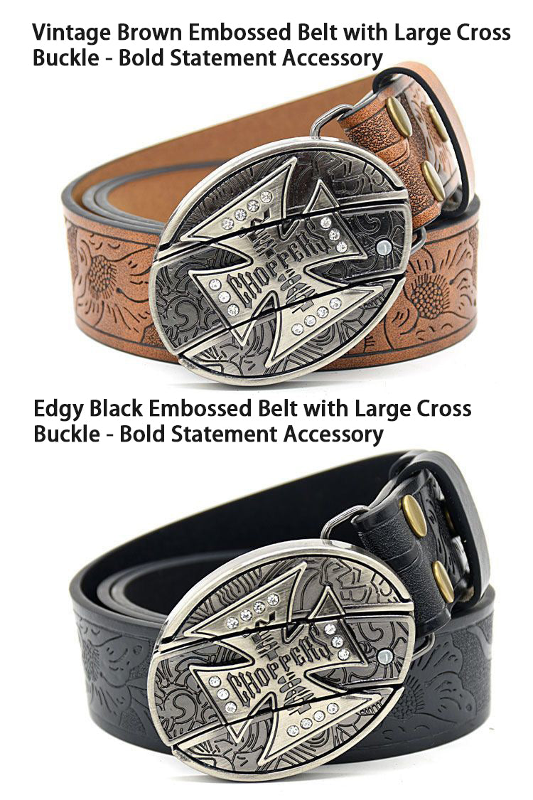 Edgy Men's Large Cross Buckle Belt - Embossed Pattern, Smooth Buckle, Unique Engraved Design