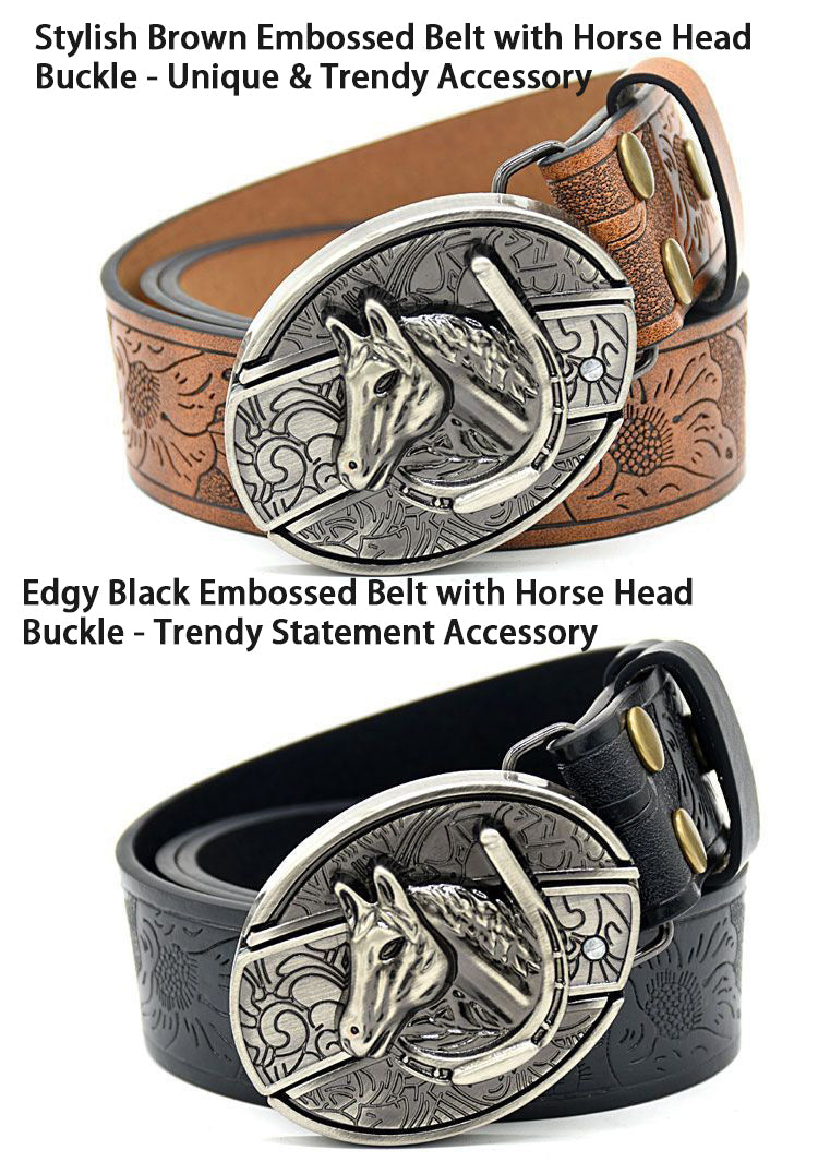 Trendy Men's Horse Head Buckle Belt - Embossed Pattern, Smooth Buckle, Unique Engraved Design