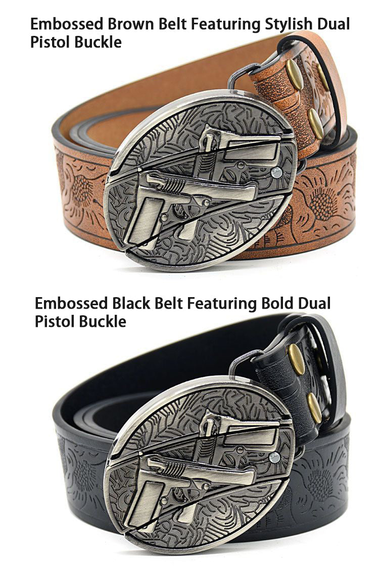 Trendy Men's Dual Pistol Buckle Belt - Embossed Pattern, Smooth Buckle, Unique Engraved Design