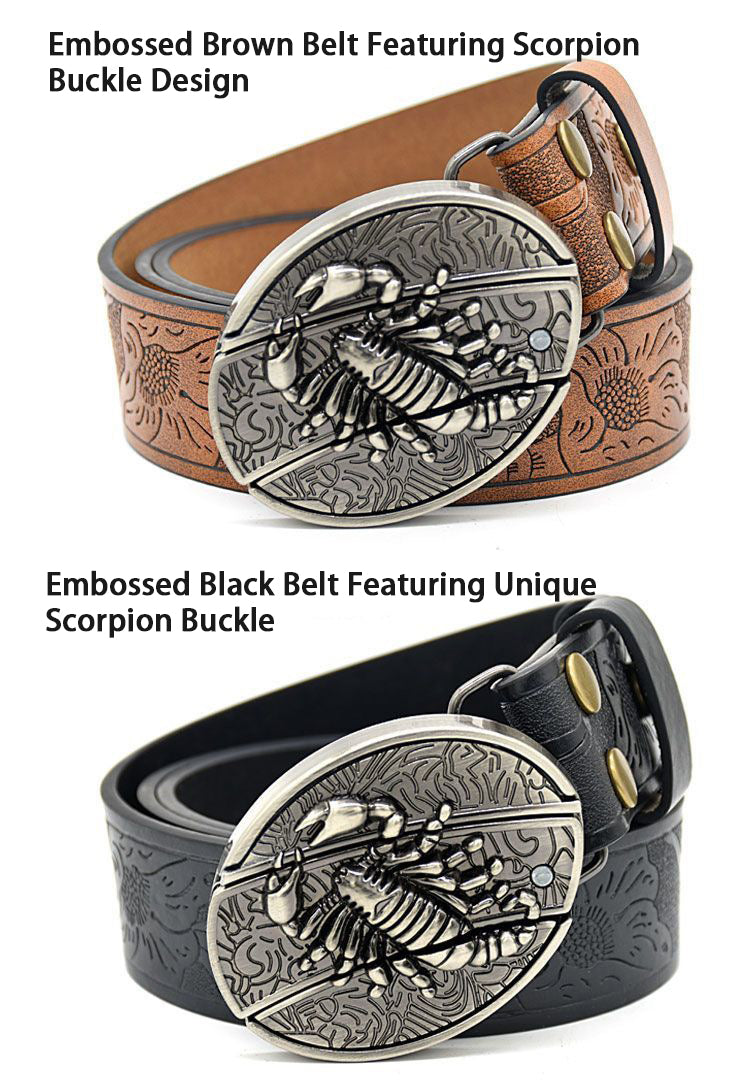 Edgy Men's Scorpion Buckle Belt - Embossed Pattern, Smooth Buckle, Unique Engraved Design