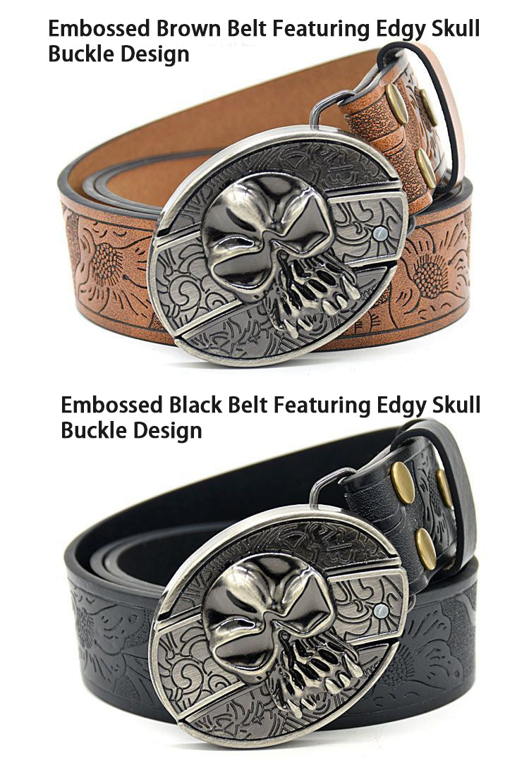 Edgy Men's Skull Buckle Belt - Embossed Pattern, Smooth Buckle, Unique Engraved Design
